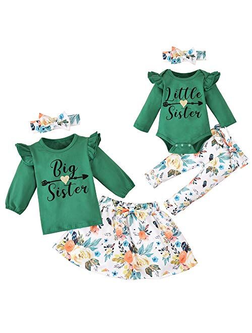 Honykids Toddler Baby Girls Sister Matching Outfits Baby Little Sister Romper Big Sister Tops + Floral Skirt Pants Clothes Set