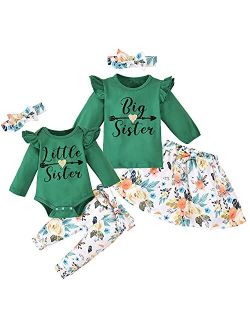 Unutiylo Little Big Sister Outfits Matching Toddler Baby Girl clothes Long Sleeve Ruffle Tops Romper Floral Pants Set Headband 3PCS