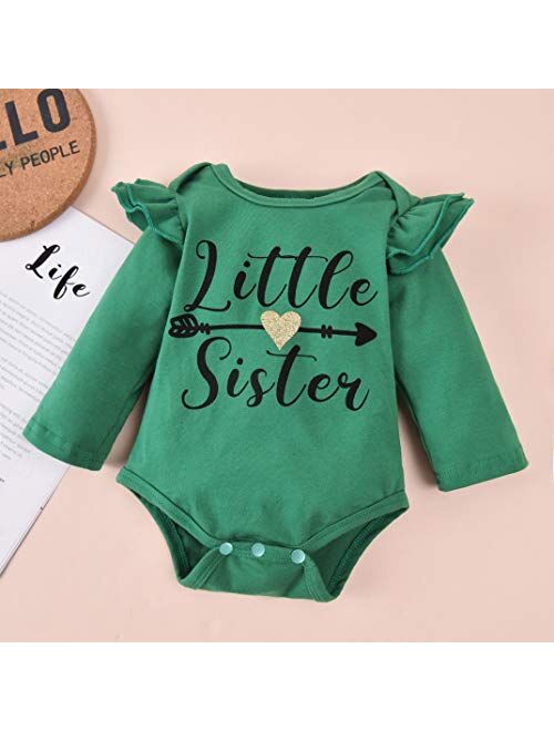 Unutiylo Little Big Sister Outfits Matching Toddler Baby Girl clothes Long Sleeve Ruffle Tops Romper Floral Pants Set Headband 3PCS