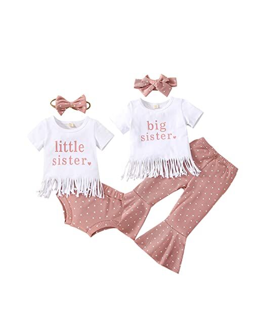 Eadrioss Big Sister Little Sister Matching Outfits - Short Sleeve Letter Print Top Floral Bell Bottom Pant/short Summer Clothes 0-6T