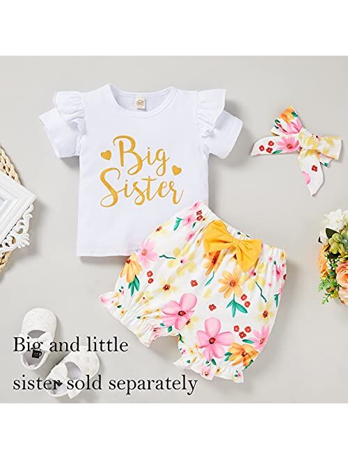 GRNSHTS Baby Girl Sister Matching Outfits Little Big Sister Romper Tops +Sunflower Diaper Shorts + Headband 3Pcs Summer Clothes Set