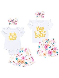 Yruiz Big Sister Little Sister Matching Outfits 3Pcs Summer Clothes Set Romper Tops +Floral Shorts + Headband