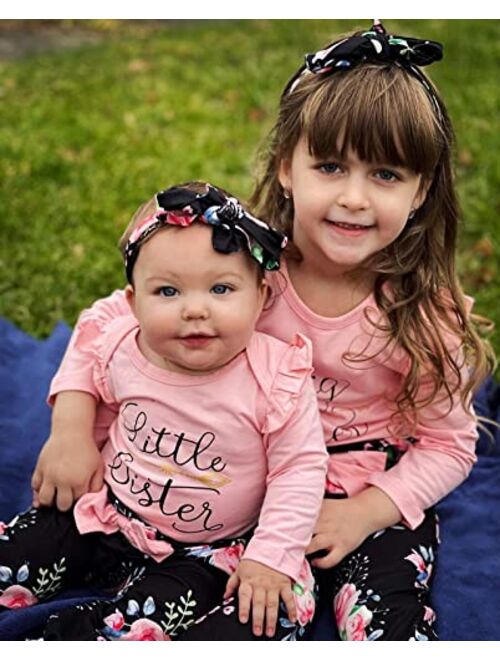 AMAWMW Big Sister Little Sister Matching Outfits Toddler Girl Clothes Newborn Baby Ruffle Romper Floral Pants Headband 3Pcs