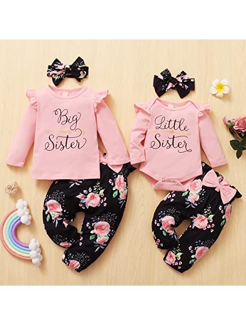 AMAWMW Big Sister Little Sister Matching Outfits Toddler Girl Clothes Newborn Baby Ruffle Romper Floral Pants Headband 3Pcs