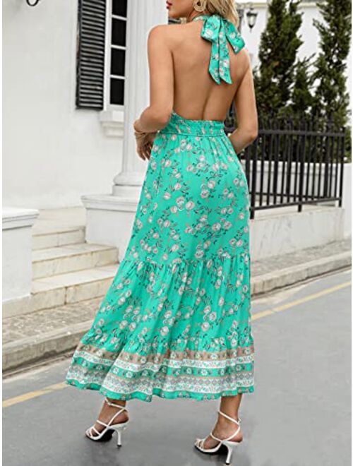ZESICA Women's Summer Crossover Halter Neck Sleeveless Plaid Cut Out Backless Flowy A Line Maxi Dress