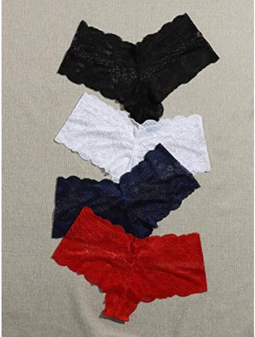 Floerns Women's 4 Pcs Plus Size Floral Lace Panties Lingerie Underwear