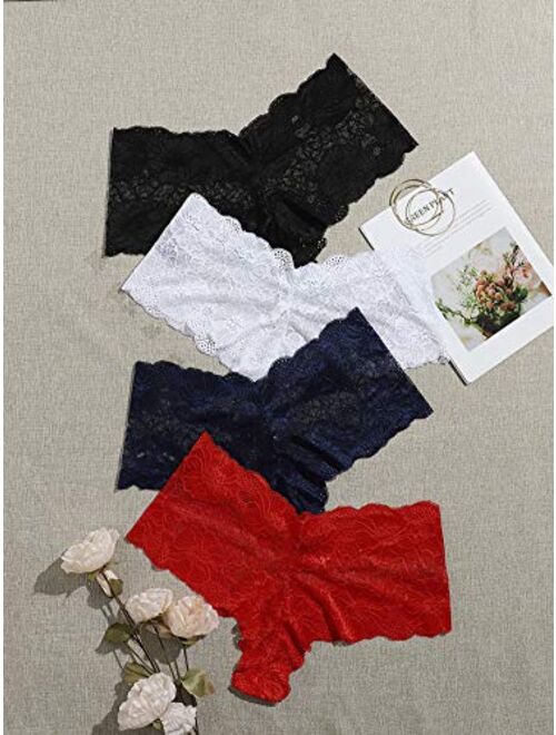Floerns Women's 4 Pcs Plus Size Floral Lace Panties Lingerie Underwear