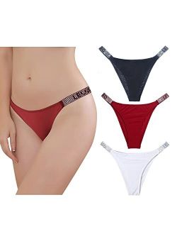 LEVAO Sexy Panties Women Thongs Letter Rhinestones G-String Low-Rise Tanga  Stretch Underwear 6 Pack S-XL 