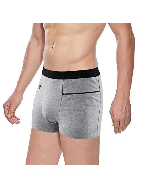 H&R 2 Packs Men's Boxer Briefs Secret Hidden Pocket, Travel Underwear with Secret Front Stash Pocket Panties (Gray)