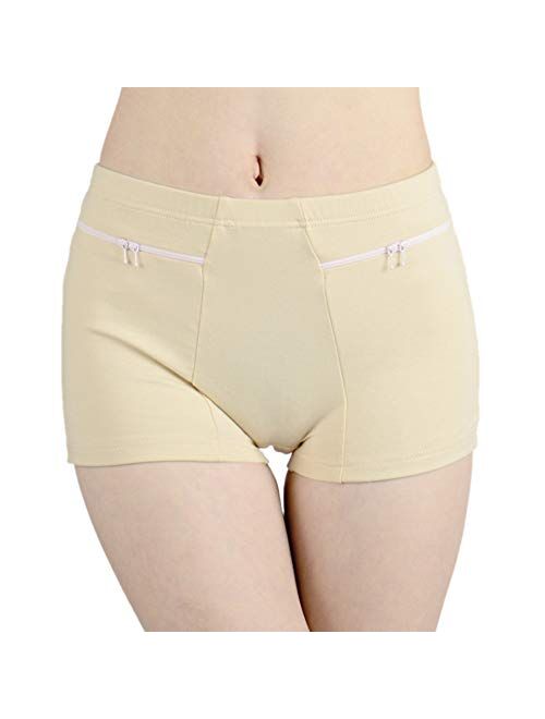 PRACMANU 3PCs Women Underwear 2 Zipper Pockets Cotton Women Underpants Boyshort