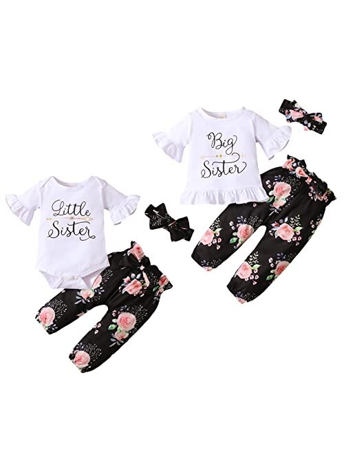 DOOLECK Little Sister Big Sister Outfits Matching Set Baby Girl Long Sleeve Ruffle Tops Romper Floral Pants Headband 3PCS Clothes Set