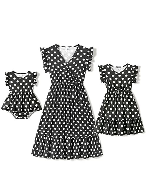 IFFEI Mommy and Me Dresses Outfits Family Matching Dots Pink Ruffle Flutter-Sleeve Dress for Mother and Daughter