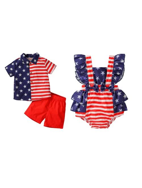 Noubeau Baby Boy Girl Brother Sister 4th of July Matching Outfits American Flag Print Shirt Top/Romper+Red Elastic Waistband Shorts