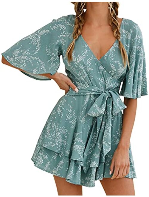 AIMCOO Womens Summer Short Flared Sleeve Romper V Neck Floral Print Jumpsuit Waist Tie Layer Ruffle Hem Dress Look Rompers