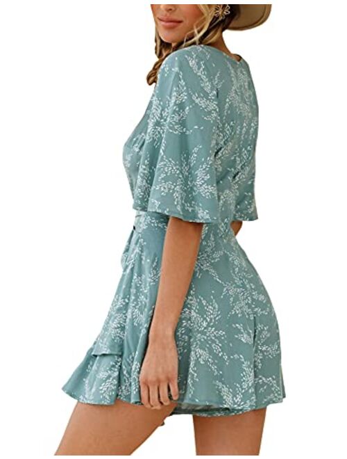 AIMCOO Womens Summer Short Flared Sleeve Romper V Neck Floral Print Jumpsuit Waist Tie Layer Ruffle Hem Dress Look Rompers