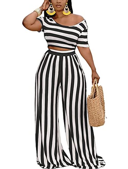 Bffbaby 2 Piece Outfits for Women Sexy Backless Short Sleeve Crop Top High Waist Wide Leg Long Pant Sets Tracksuit Sport Set