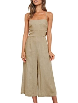Women's Summer Sleeveless Spaghetti Strap Tie Back Dressy High Waist Wide Leg Jumpsuit Rompers Pockets