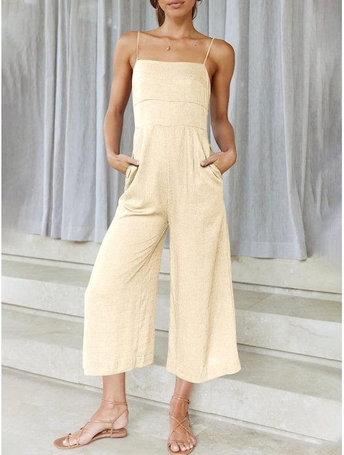 ANRABESS Women's Summer Sleeveless Spaghetti Strap Tie Back Dressy High Waist Wide Leg Jumpsuit Rompers Pockets