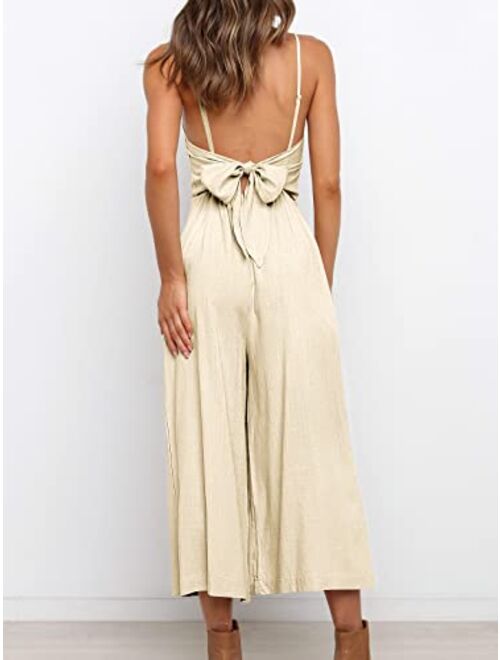 ANRABESS Women's Summer Sleeveless Spaghetti Strap Tie Back Dressy High Waist Wide Leg Jumpsuit Rompers Pockets