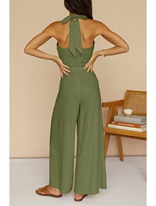 Yovion Women's Solid Color Jumpsuit Off Shoulder Sleeveless Strap Dual Use Halter or Tie Waist Sexy and Casual Wide Leg Jumpsuit