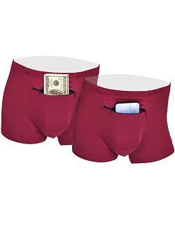 Hideracoon 2 Packs Men's Boxer Briefs Secret Hidden Pocket, Pickpocket Proof Travel Secret Pocket Underwear, Pocket Panties. (Burgundy)