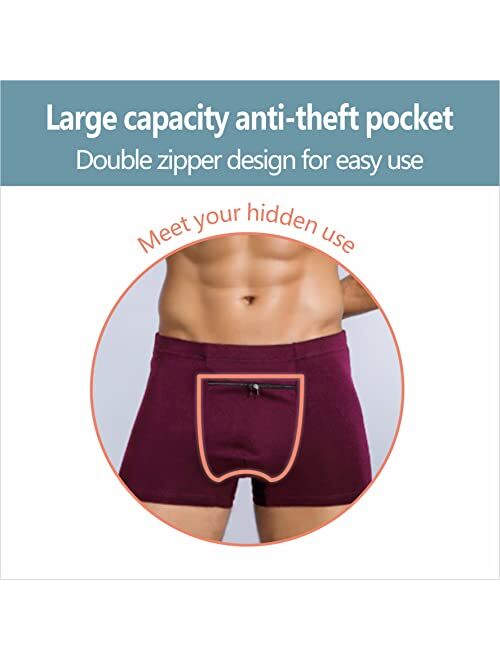 Hideracoon 2 Packs Men's Boxer Briefs Secret Hidden Pocket, Pickpocket Proof Travel Secret Pocket Underwear, Pocket Panties. (Burgundy)
