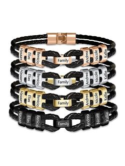 Qwbv Nelo Mens Custom Bracelet Personalized Leather Bracelet with 2-9 Names Engraved Beaded Braided Bracelet for Men Father's Day Jewelry Gift for Dad