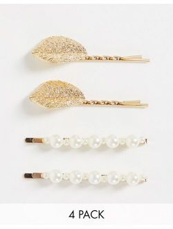 DesignB London pack of 4 leaf and pearl hair clips