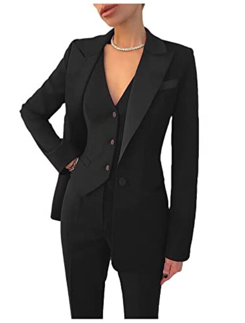 Coyou Women's Casual Suit 3 Piece Long Sleeve Notch Lapel Work Office Blazer Suit Jacket (Blazer+Vest+Pants)