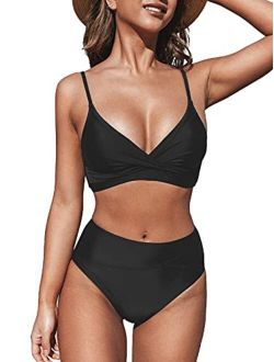 Women's Bikini Sets Two Piece Swimsuit High Waisted V Neck Twist Front Adjustable Spaghetti Straps Bathing Suit