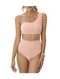 Molybell 2 Piece One Shoulder Swimsuits for Women, High Waisted Bottom Scalloped Bikini Set, Petals Solid Wavy Edge Top Bathing Suits
