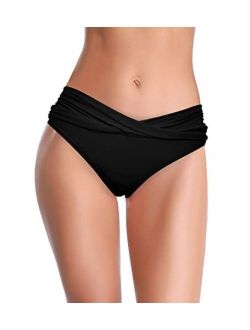 Women's Cheeky Swimsuit Twist Front Bikini Bottoms Ruched Swim Bottoms