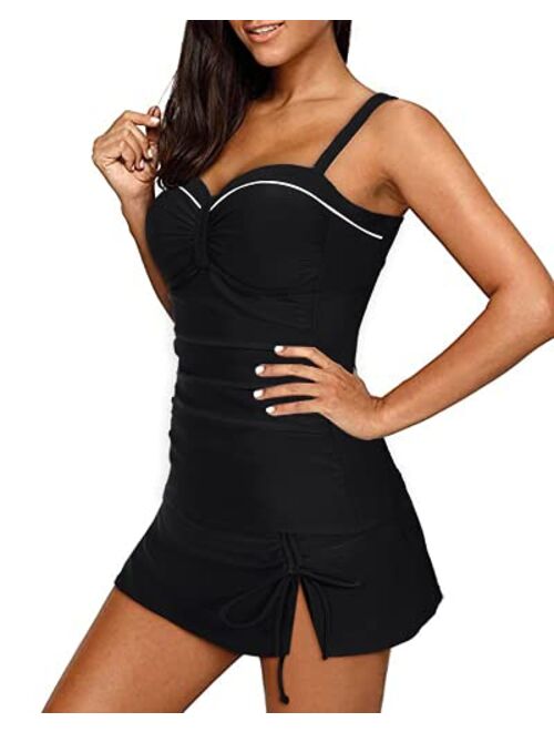 Yonique Womens Tankini Swimsuits with Skirt Two Piece Ruched Bathing Suits Push Up Swimwear XS-XXL