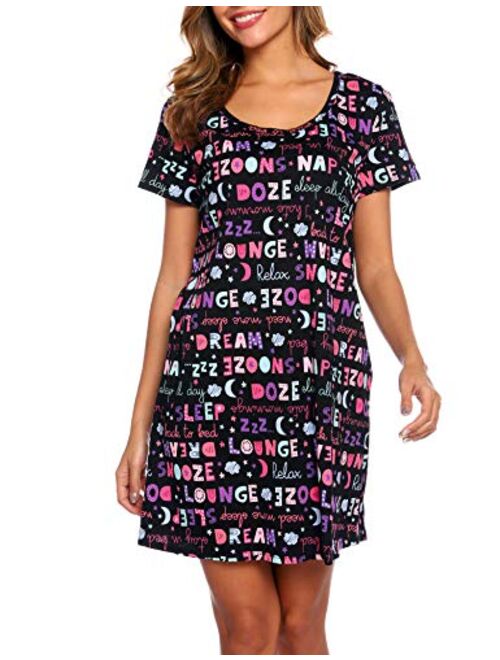 ENJOYNIGHT Women's Sleepwear Cotton Sleep Tee Short Sleeves Print Sleepshirt