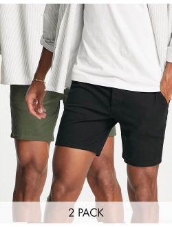2 pack slim chino shorts in dark khaki and black save