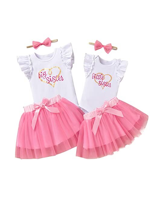 Honykids Big Sister Little Sister Matching Outfits Baby Girl Romper /Toddler Girl T-shirt Tops with Tutu Dress Summer Clothes