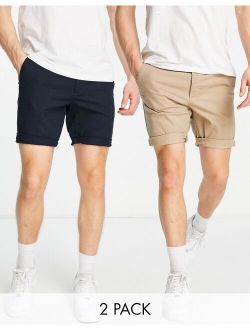 2 pack skinny chino shorts in stone & navy