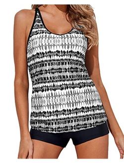 Yonique Tankini Swimsuits for Women with Boy Shorts Athletic Swim Tank Top 2 Piece Bathing Suits