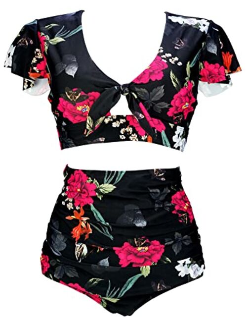 COCOSHIP Women's Retro Ruched Ruffle High Waist Two Piece Bikini Set Tie Knot Front Top Sport Bath Swimsuit