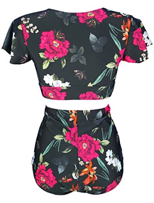 COCOSHIP Women's Retro Ruched Ruffle High Waist Two Piece Bikini Set Tie Knot Front Top Sport Bath Swimsuit