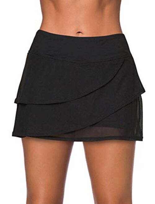 Aleumdr Women's Waistband Layered Swimdress Ruffle Swim Skirt Swimsuit Bottom
