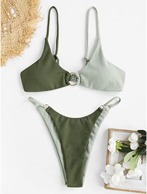 ZAFUL Women's Ribbed O-Ring String Bikini Swimsuit Cheeky Thong Swimwear Two Pieces Bathing Suit