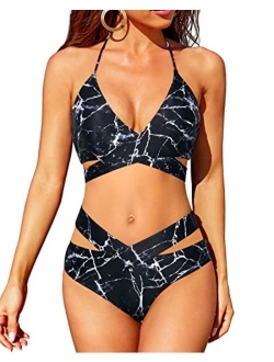 Holipick Two Piece Bikini Sets for Women High Waisted Bikini Push Up Swimsuit Halter Wrap Criss Cross Bathing Suit