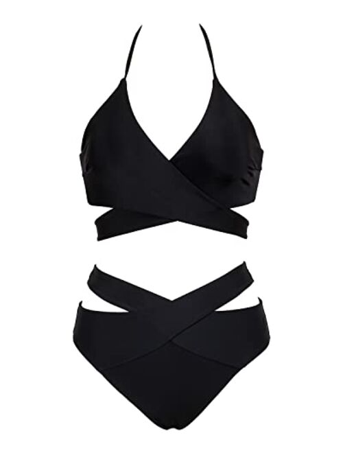 Holipick Two Piece Bikini Sets for Women High Waisted Bikini Push Up Swimsuit Halter Wrap Criss Cross Bathing Suit