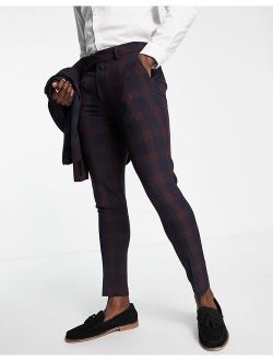 super skinny suit pants in burgundy blackwatch tartan check