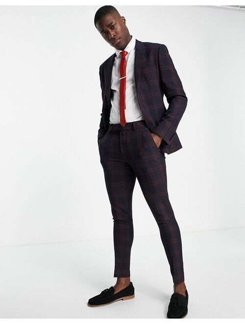 ASOS DESIGN super skinny suit pants in burgundy blackwatch tartan check