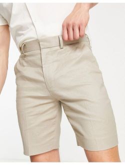 skinny linen mix smart shorts in stone