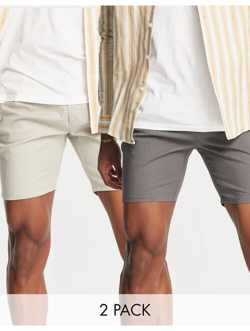 ASOS DESIGN 2 pack cigarette chino shorts in light gray and charcoal save