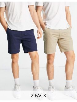 2 pack slim chino shorts in navy and stone