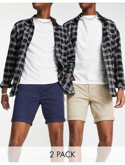 2 pack skinny chino shorts in navy and stone
